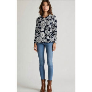 T by Talbots Womens Blue White Floral Print Cardigan Sz SP Collard Neck Tropical